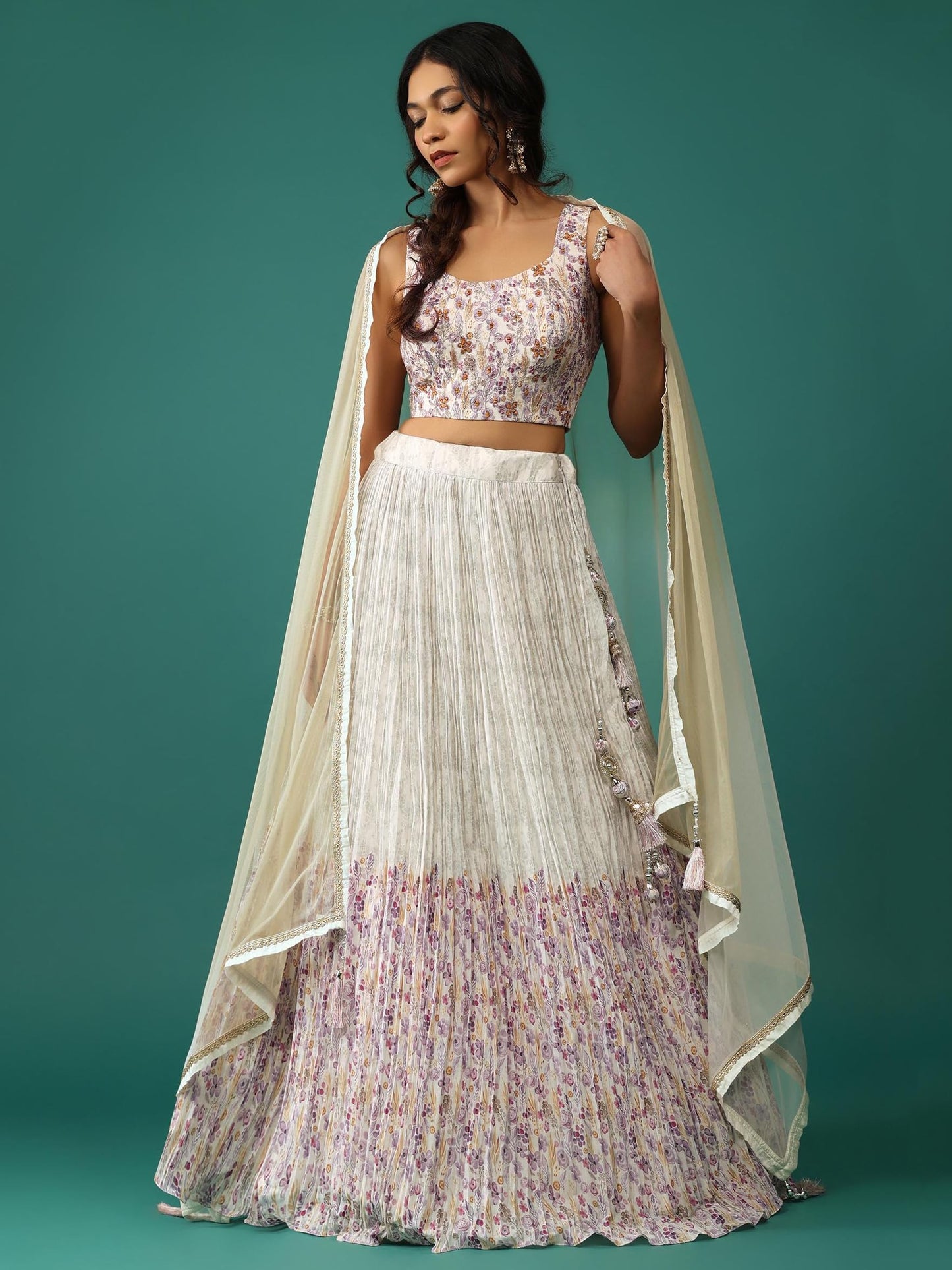 Zeel Clothing Digital Print Mirror Hand Work Georgette Lehenga Choli with Dupatta (5100-White-Wedding-Stylish-Lehenga-Choli; Free Size)