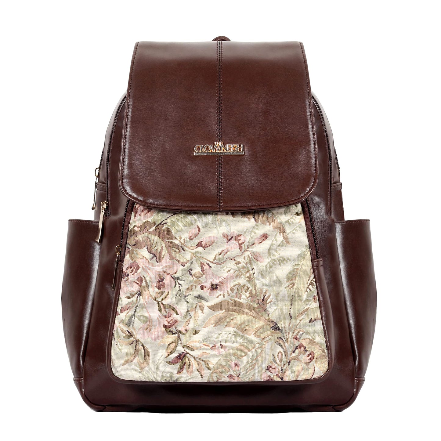 THE CLOWNFISH Minerva Faux Leather & Tapestry Women's Standard Backpack College School Bag Casual Travel Standard Backpack For Ladies Girls (Navyblue- Floral), 10 Litre