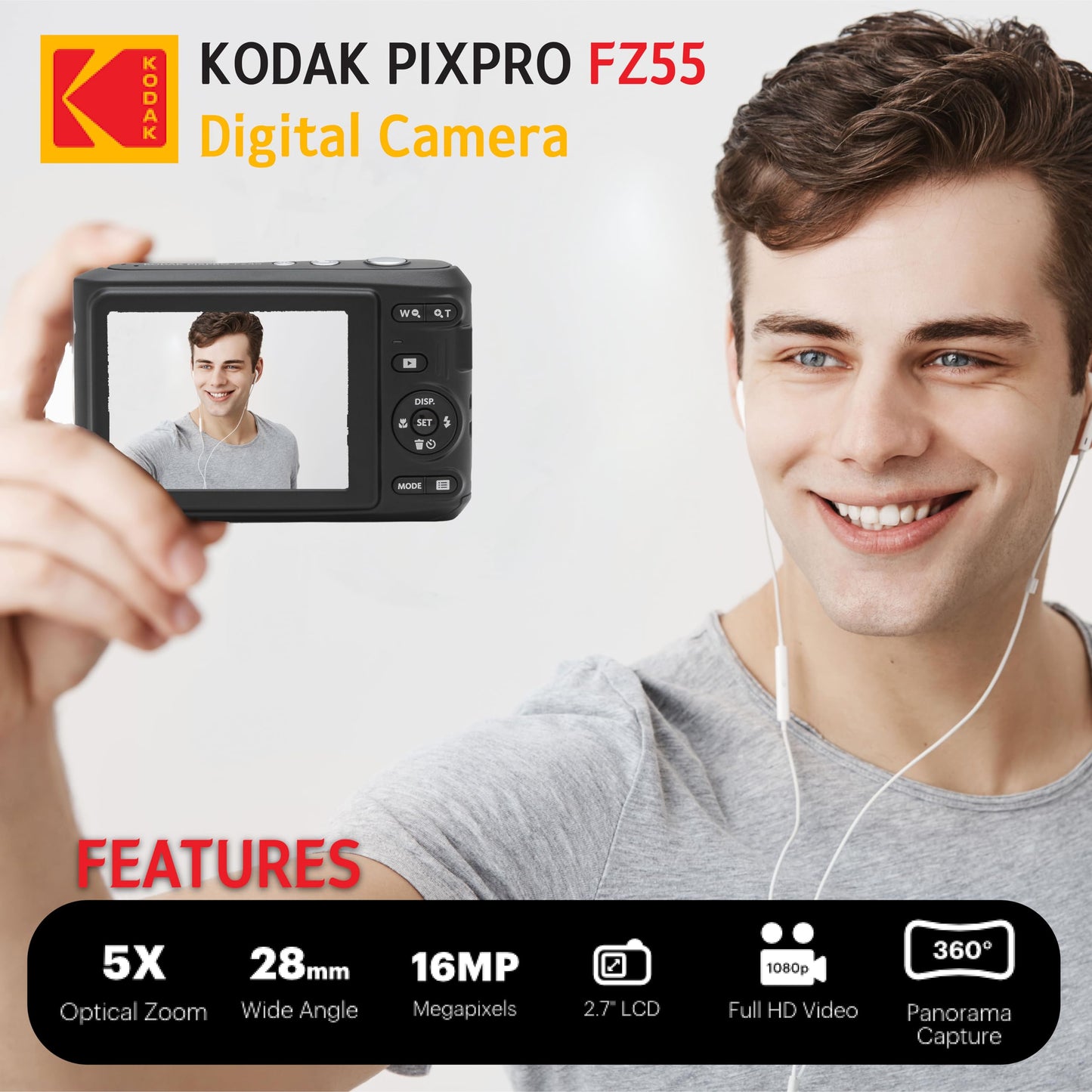 KODAK PIXPRO FZ55 16MP Digital Point & Shoot Camera, 5X Optical Zoom, 28mm Wide Angle, 1080P Full HD Video, Bundle with 32GB SD Card, Protective Case, and Hi-Speed Card Reader (Blue)
