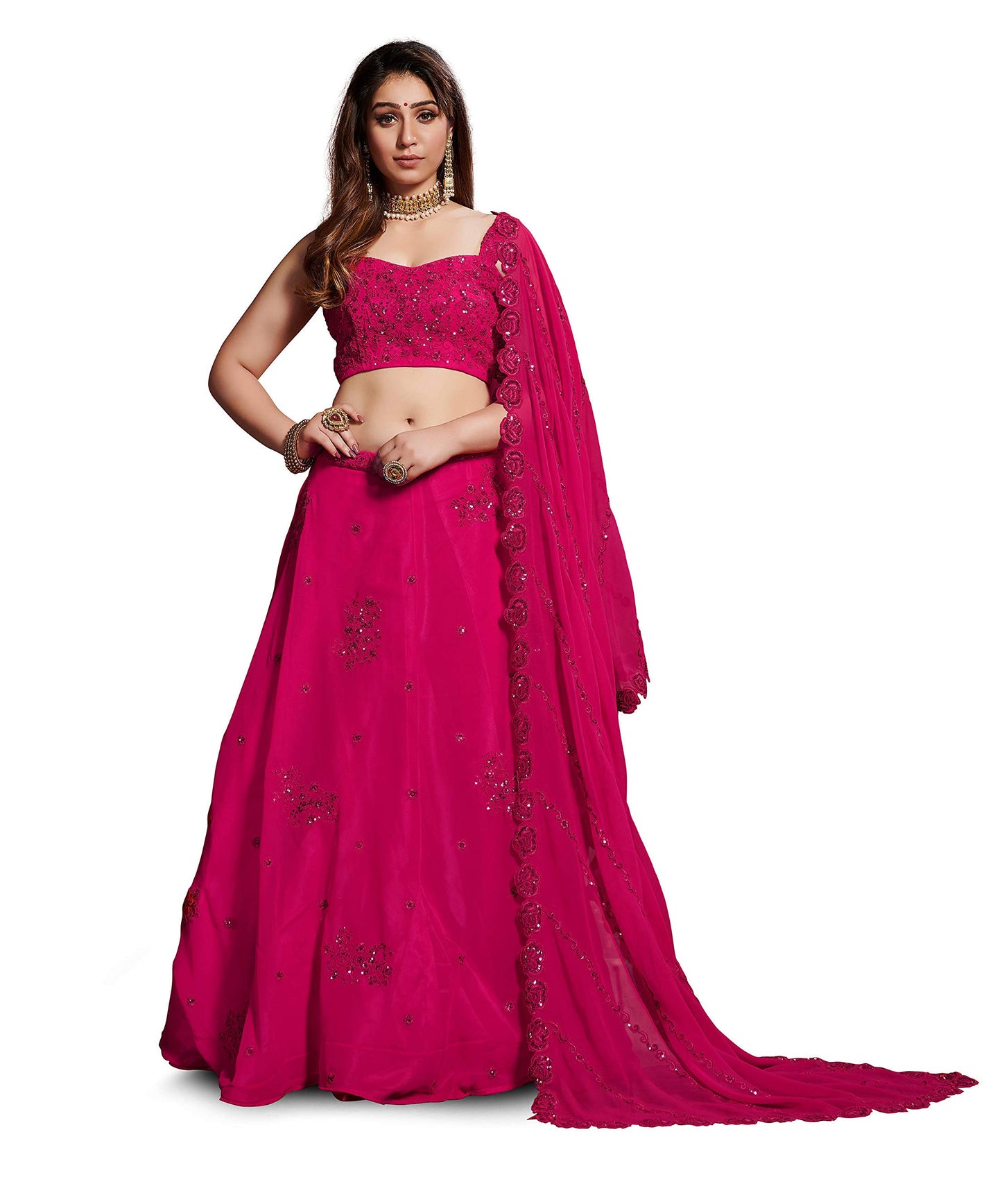 Zeel Clothing Women's Georgette Semi stitched Lehenga Choli (7060-Pink_Pink_Free Size)