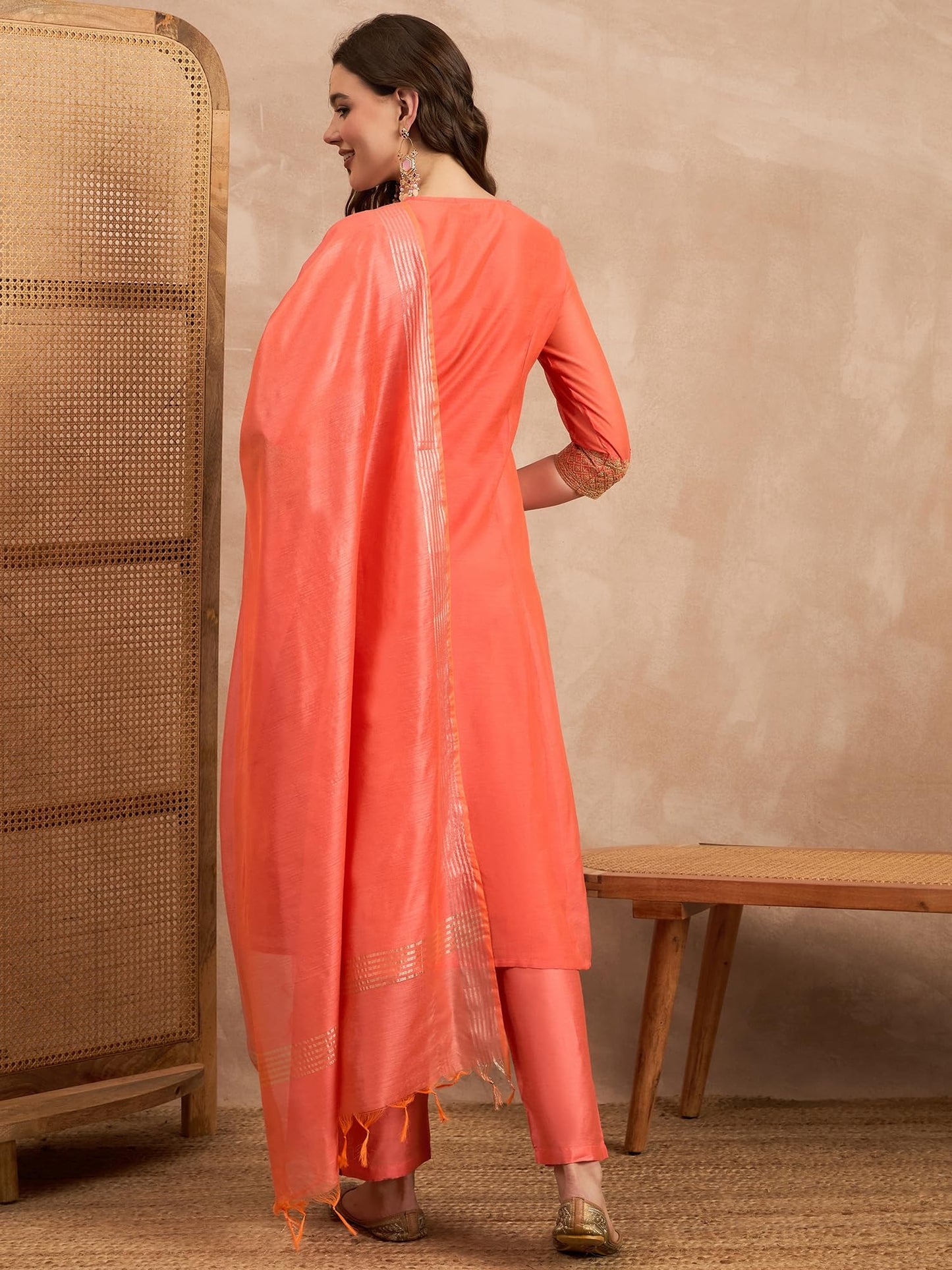 Rangavali Rust Embroidered Festive Anarkali Suit Set | Silk Chanderi Readymade Outfit Kurti, Pant & Dupatta for Women | Kurti Set for Ladies | 3 Pcs, L, 36