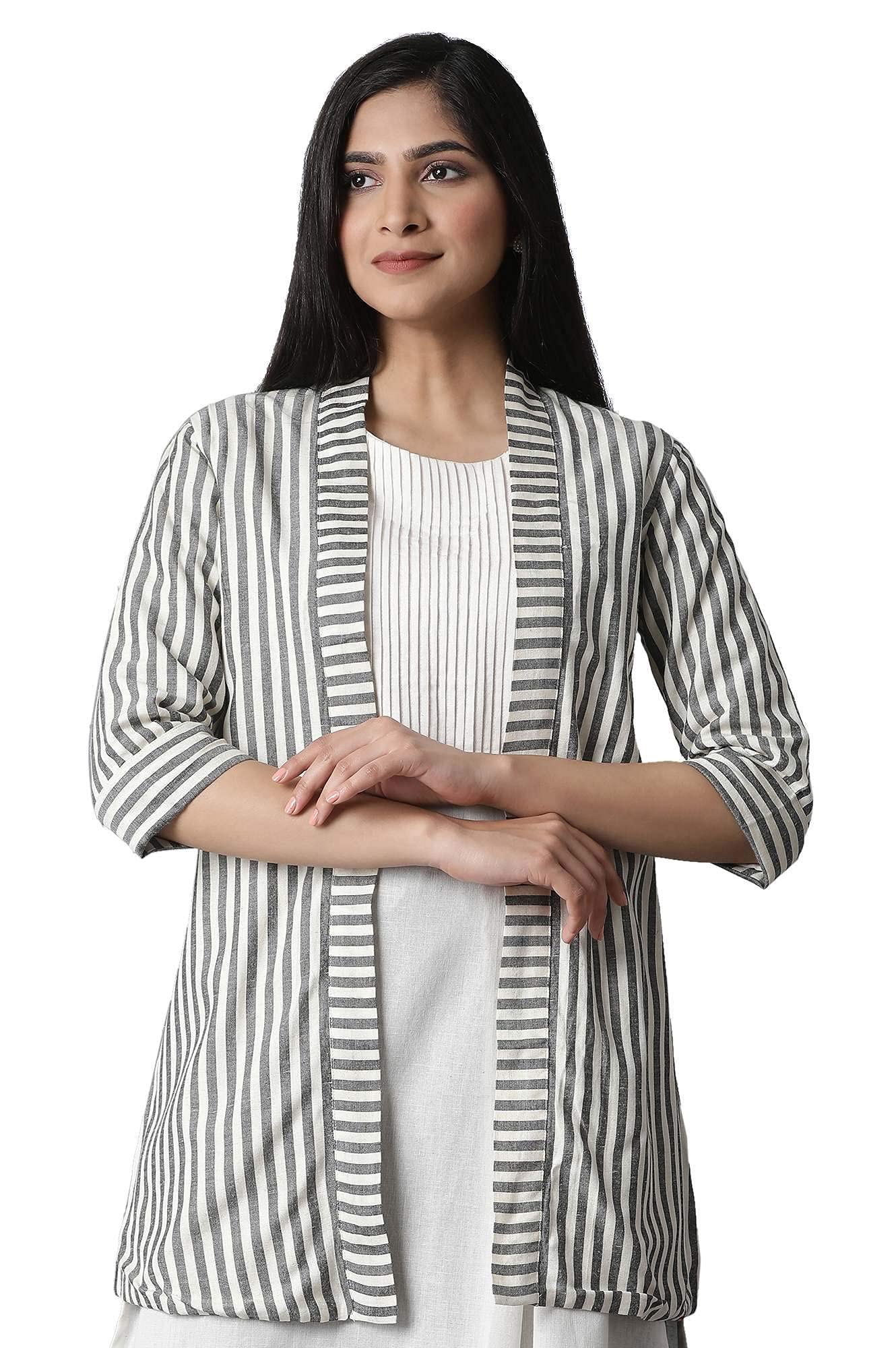 W for Woman Women's Ecru & Black Striped Shrug (21FEW14383-311847_Beige_XS)