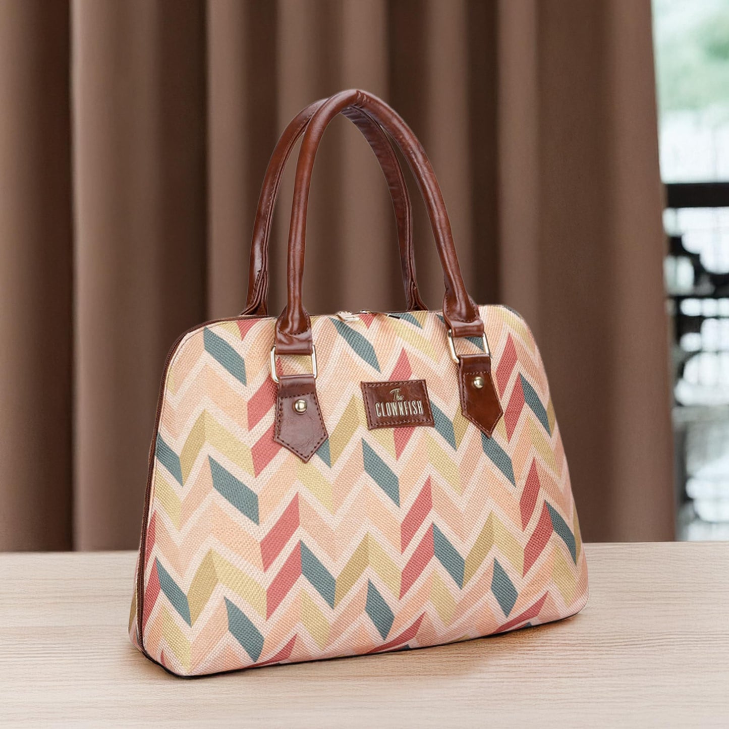 THE CLOWNFISH Montana Series Printed Handicraft Fabric & Faux leather Handbag for Women Office Bag Ladies Purse Shoulder Bag Tote For Women College Girls (Cream-1)