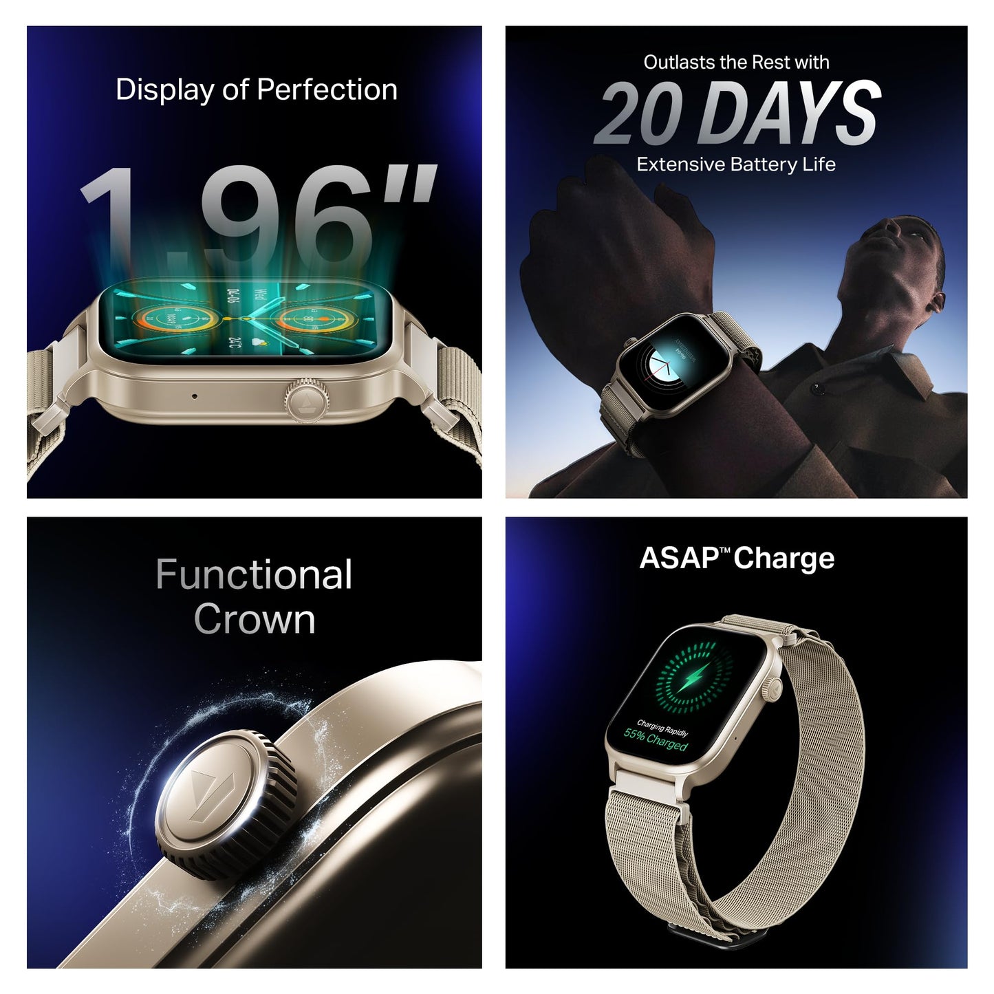 Boat Storm Infinity Plus Smartwatch with 20 Days Battery, ASAP™ Charge, 4.97 cm HD Display, Functional Crown, Multiple Sports Modes, BT Calling, SOS, IP68, Heart Rate & SpO2 Monitor (Sports White)