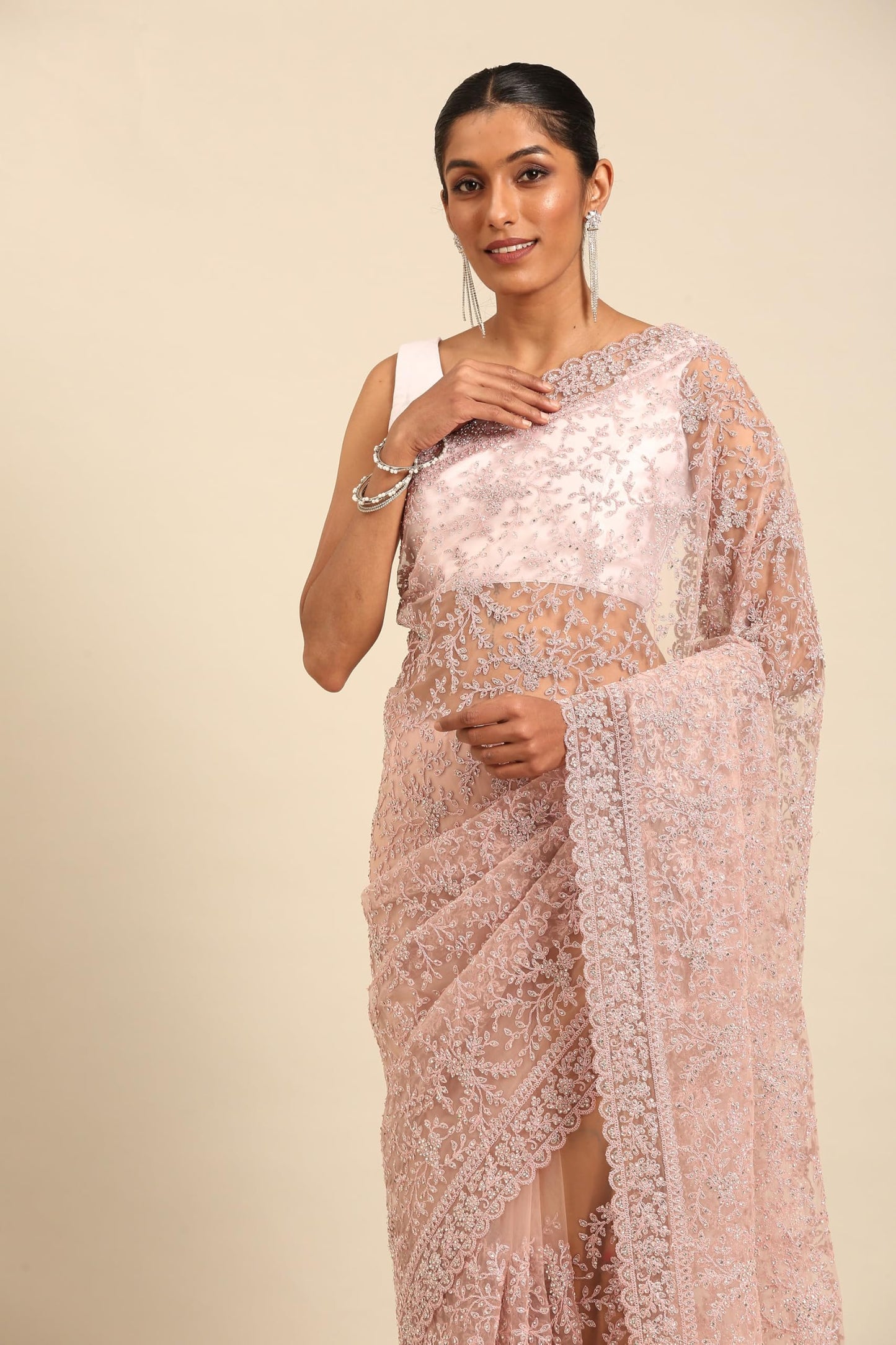 MOHEY Women's Pink Net Thread Work|Zari Saree (PINK)
