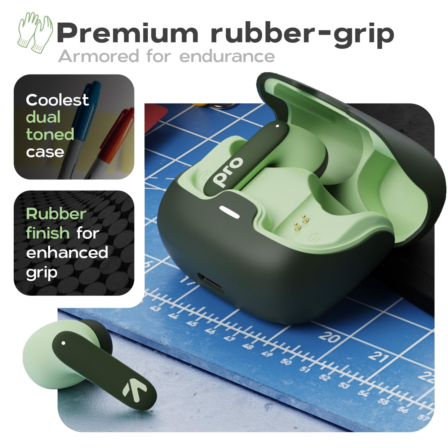 GOBOULT Z40 Pro with 100H Playtime, Zen Quad Mic ENC, 45ms Low Latency Gaming, Premium Rubber Grip Case, 13mm Bass Drivers, Bluetooth 5.3, TWS Truly Wireless in Ear Earbuds (Jungle)
