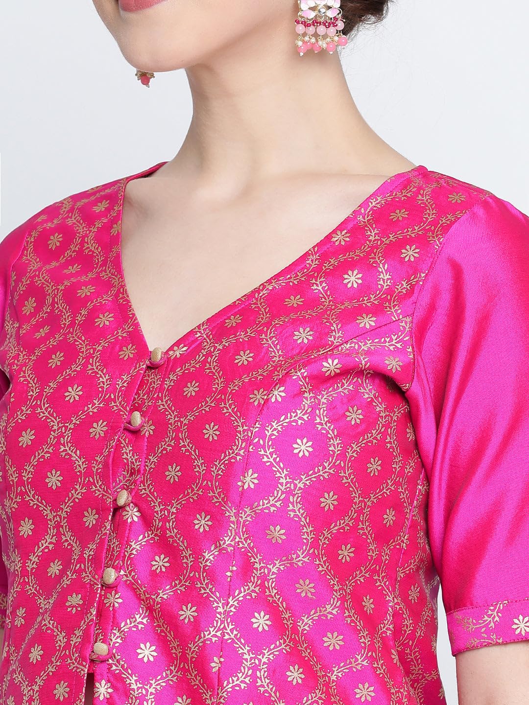 studio rasa Women's Silk Blend Block Printed Button Down Blouse for Wedding Festive Party (TPWC224BL17L_Large_Pink)