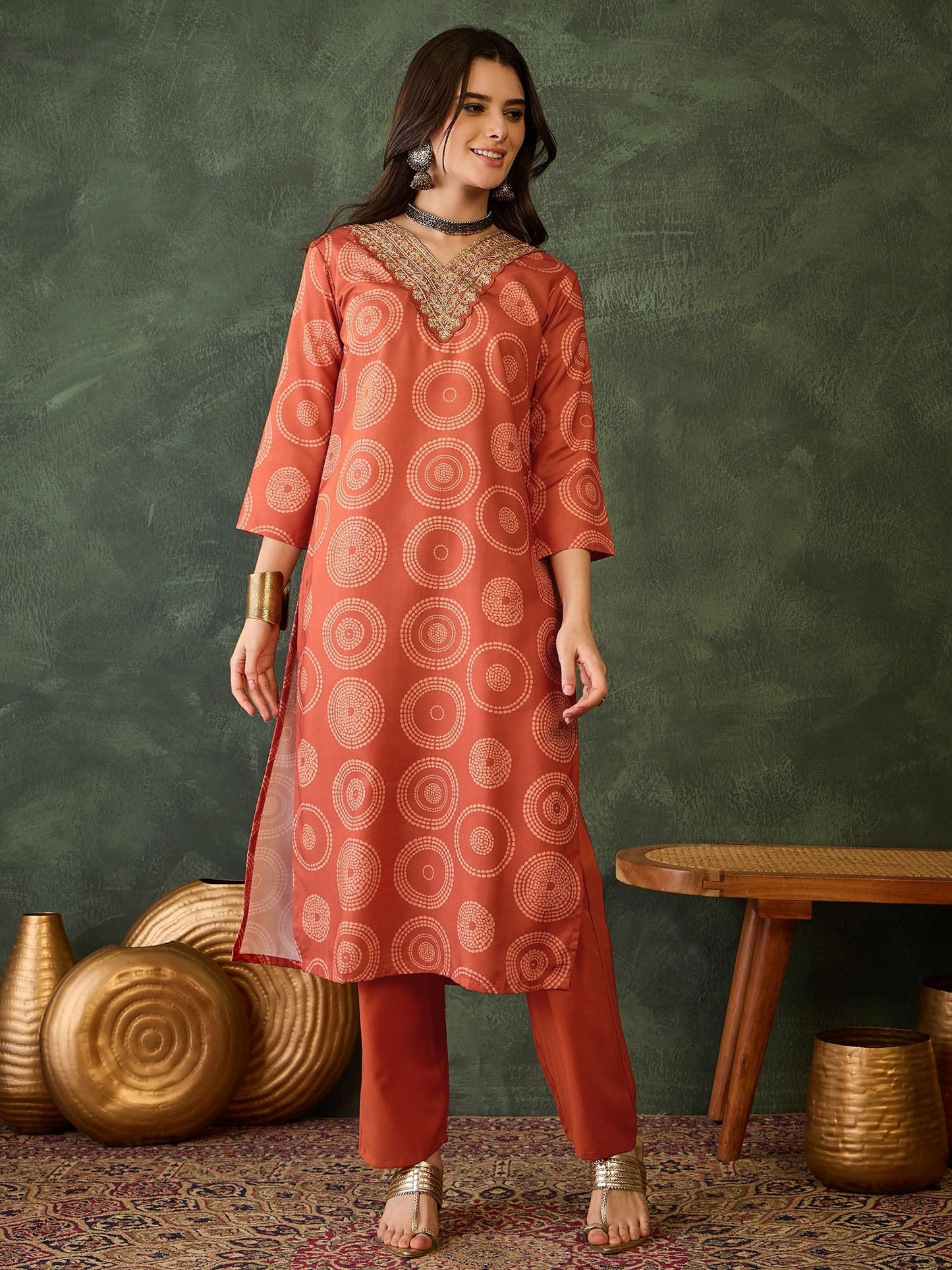 VARNI FABRIC Rayon Kurta Set for Women | Full Sleeves Embroidered Straight Kurta with Pant & Dupatta | Festive Wedding Ethnic Wear | Perfect for Office Summer | Orange | 2XL