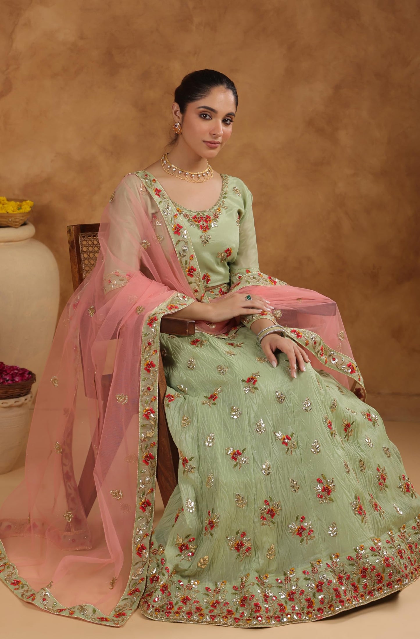 Janasya Women's Pista Green Zari Art Silk Embroidered Semi-Stitched Lehenga Choli with Dupatta Set (JAB24LC01931)