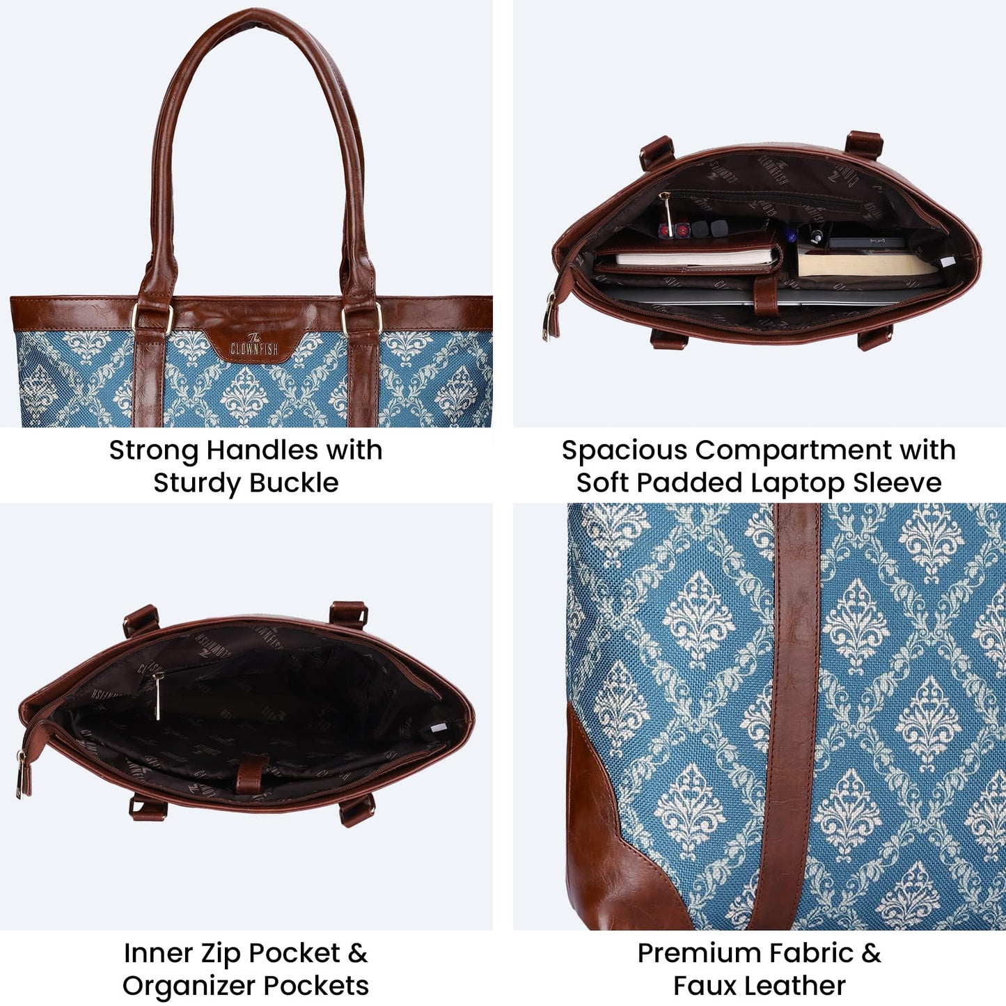 THE CLOWNFISH Miranda Series 15.6 inch Laptop Bag For Women Printed Handicraft Fabric & Faux Leather Office Bag Briefcase Hand Messenger bag Tote Shoulder Bag (Green)