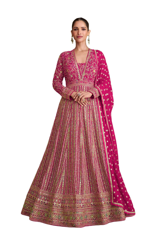 Miss Ethnik Women's Pink Chinon Stitched Gown With Dupatta Full Sleeve Embroidered Anarkali Gown (ME-1275-Pink-4XL)