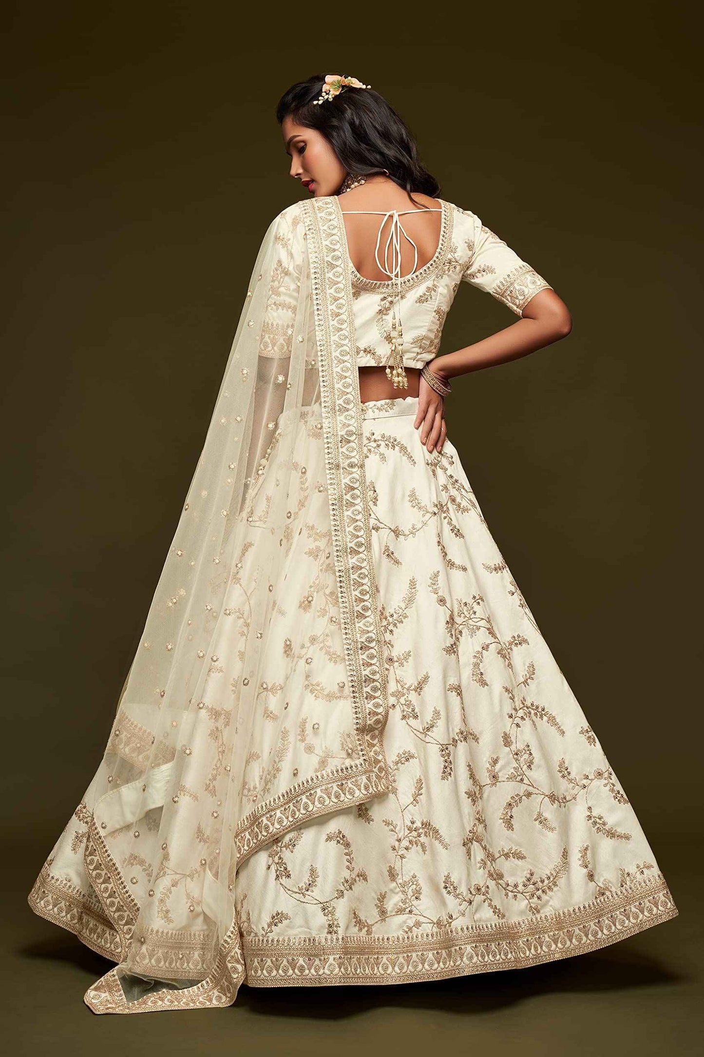 Zeel Clothing Women's Art Silk Semi-Stitched Lehenga Choli with Dupatta (7808-Cream-Wedding-Bridal-Latest-Lehenga; Free Size) (Cream)
