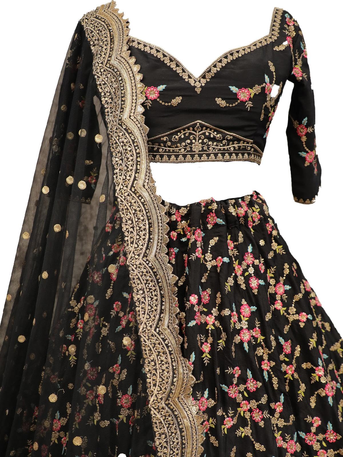 ODETTE Women Black Floral Sassy Semi Stitched Lehenga With Unstitched Blouse for the size of - Free Size