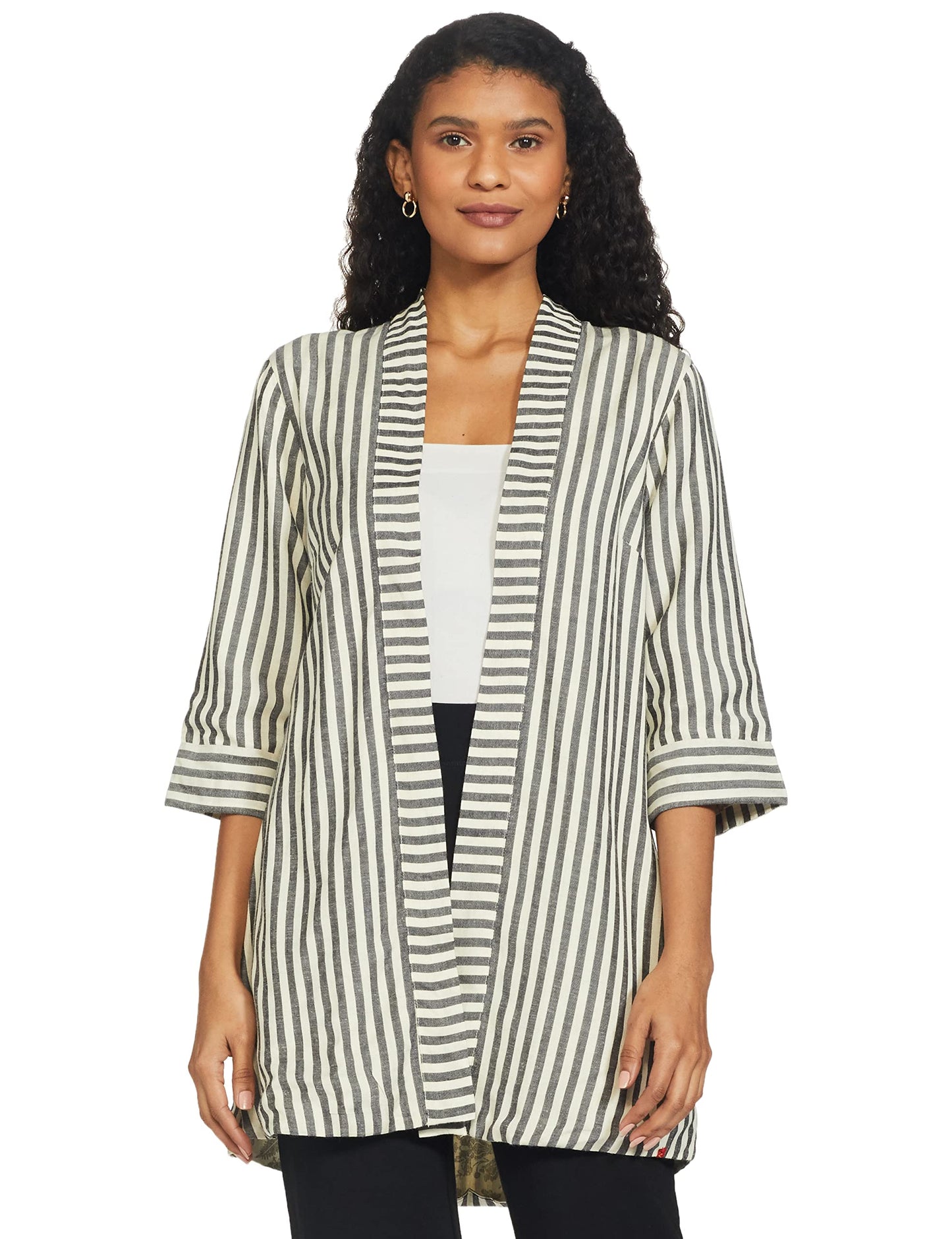 W for Woman Women's Ecru & Black Striped Shrug (21FEW14383-311847_Beige_L)