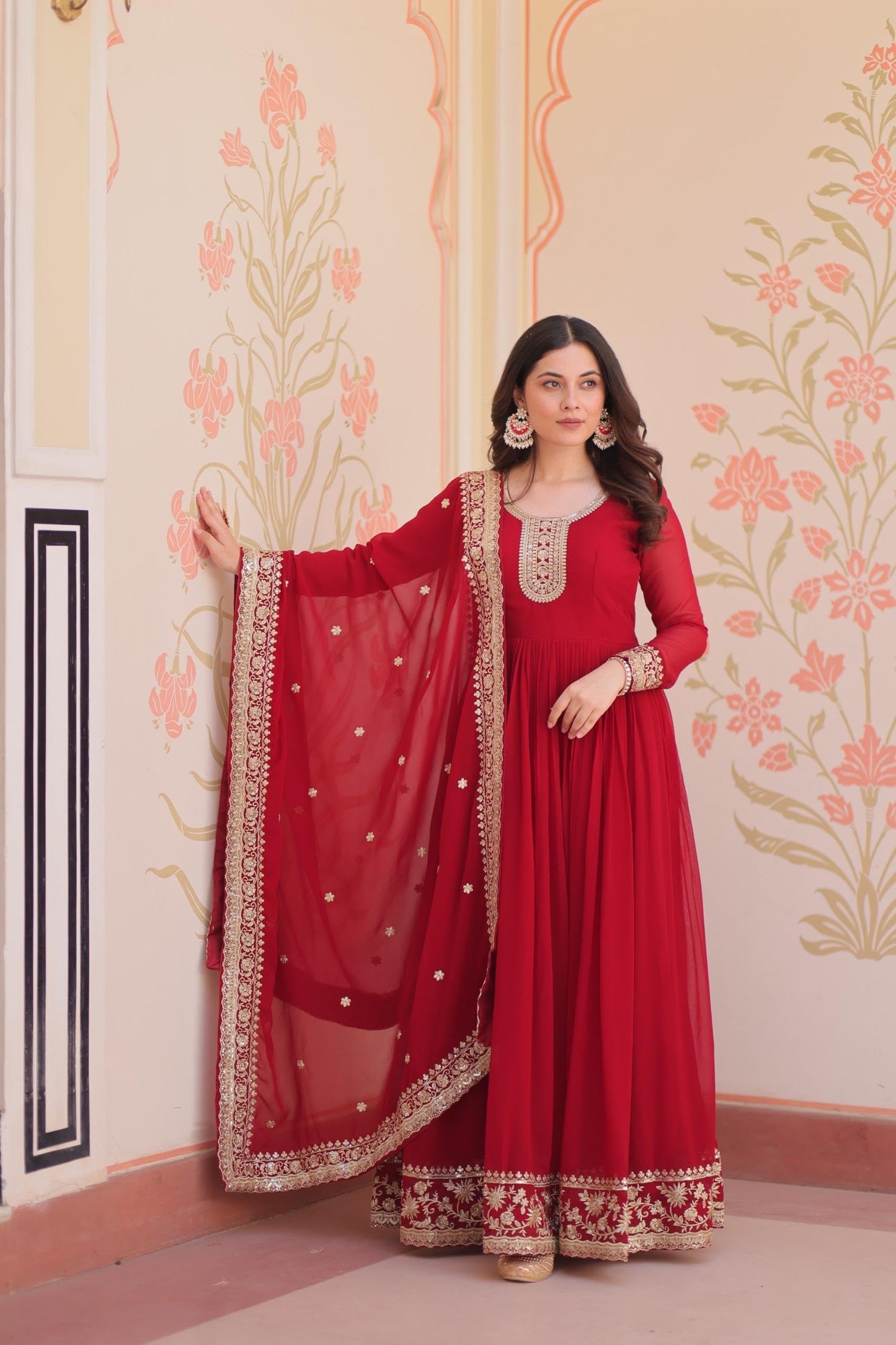 Mehervaa by vinni Red Anarkali Suit Set with Embroidered Dupatta, Long Sleeve Gown Style, Golden Zari Work, Traditional Indian Ethnic Wear (IN, Alpha, 2XL, Regular)