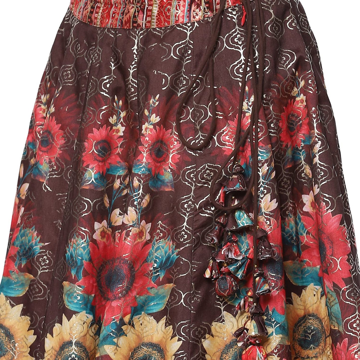 BIBA WOMEN PRINTED FLARED SALWAR KURTA DUPATTA(SKDASSORTED8199_CHOCO BROWN_38)