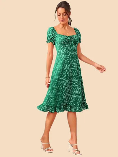 Stylish Green Polyester Printed Fit And Flare Dress For Women