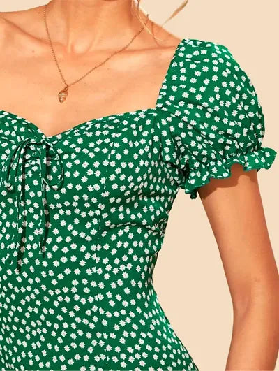 Stylish Green Polyester Printed Fit And Flare Dress For Women