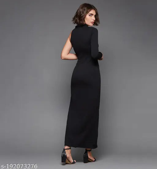 Women's Solid V-neck Black Dresses