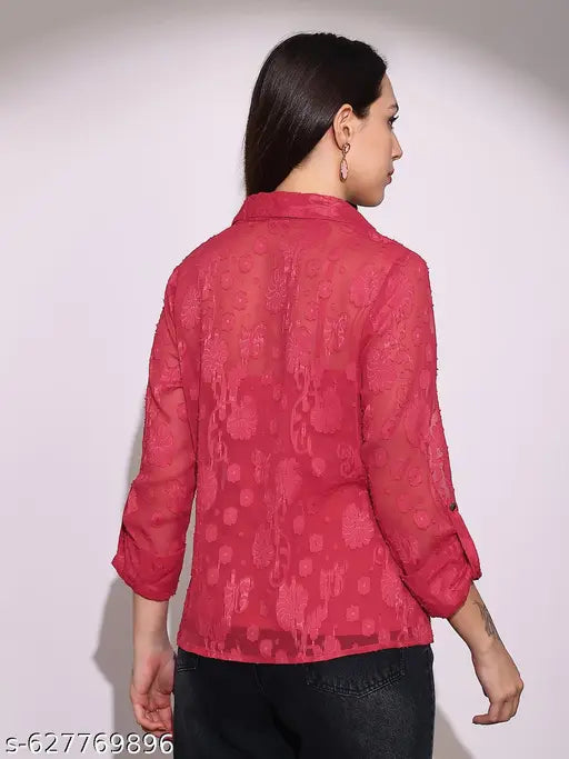 Globus Women Red Collared V-Neck Long Roll-Up Sleeves Floral Self Design Casual Top