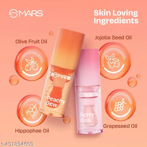 MARS Color Changing Lip Oil (3.5 ml) (04-PEACHY DEW) With Fat Applicator | Skin Nourishing Ingredients - Olive Fruit Oil, Jojoba Oil | Hydrating & Moisturising