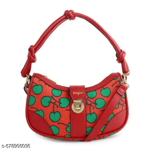 Berrylush Women Red & Green Cherry Printed PU Knot Detachable Sling Strap Embellished Shoulder Bag