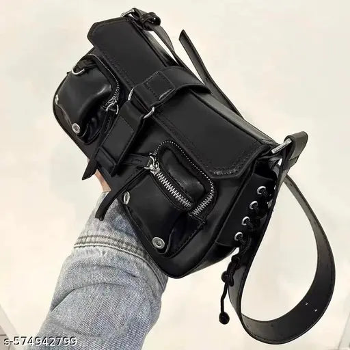 Black Front Double Pocket Crossbody Shoulder Sling Bag For Women