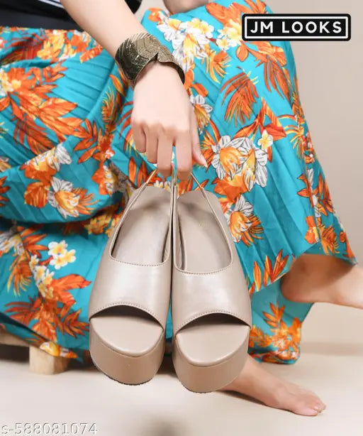 JM LOOKS Women’s Platform Wedge Sandals Open Round Toe Slip-On Slingback Heels for Casual, Party & Daily Office - Beige