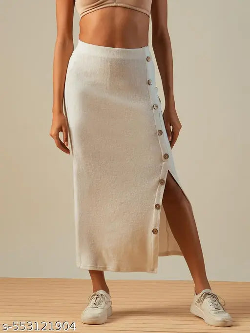 Globus Women Off White Self Design Button Detail Mid-Rise Side Slit Midi Pencil Skirt