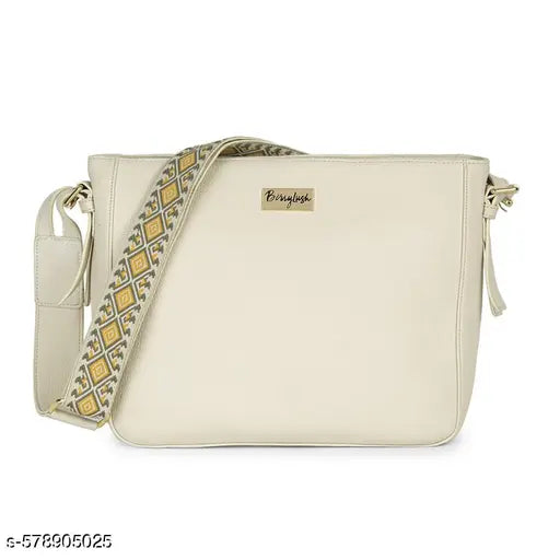 Berrylush Women Solid Beige Synthetic Leather Detachable Strap Embellished Sling Bag