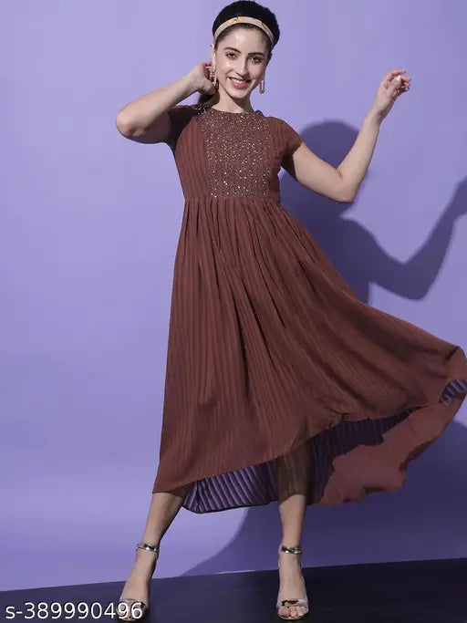 Slenor Women's Solid Round Neck Maroon Dresses