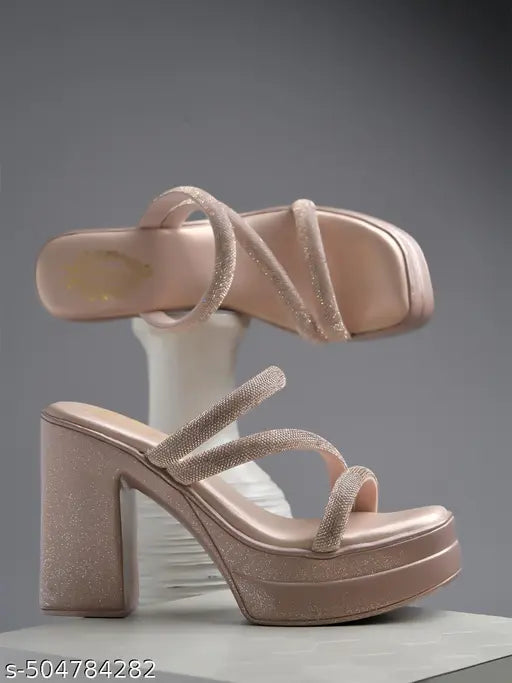 Embellished Rose-Gold Block Heels For Women & Girls