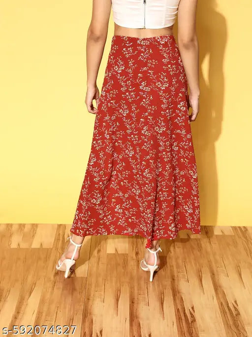 Berrylush Women Red & White Floral Printed High-Rise Waist Side-Slit Flared A-Line Maxi Skirt