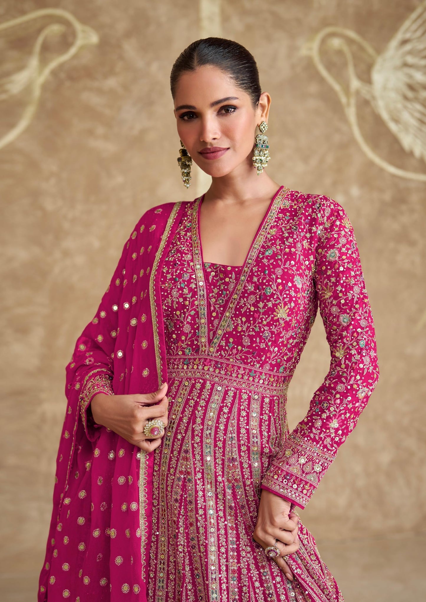 Miss Ethnik Women's Pink Chinon Stitched Gown With Dupatta Full Sleeve Embroidered Anarkali Gown (ME-1275-Pink-4XL)