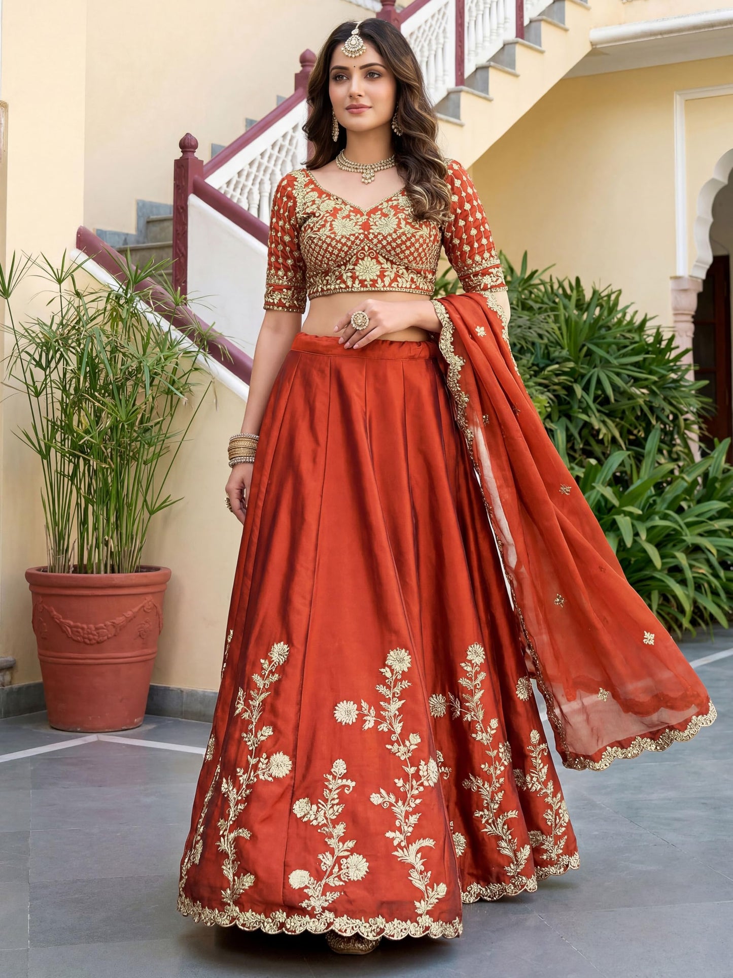 Zeel Clothing Women's Thread and Sequins Embroidered Work Silk Lehenga Choli With Dupatta (5135-Orange-Women-Lehenga-Choli-Latest; Free size) (Orange)