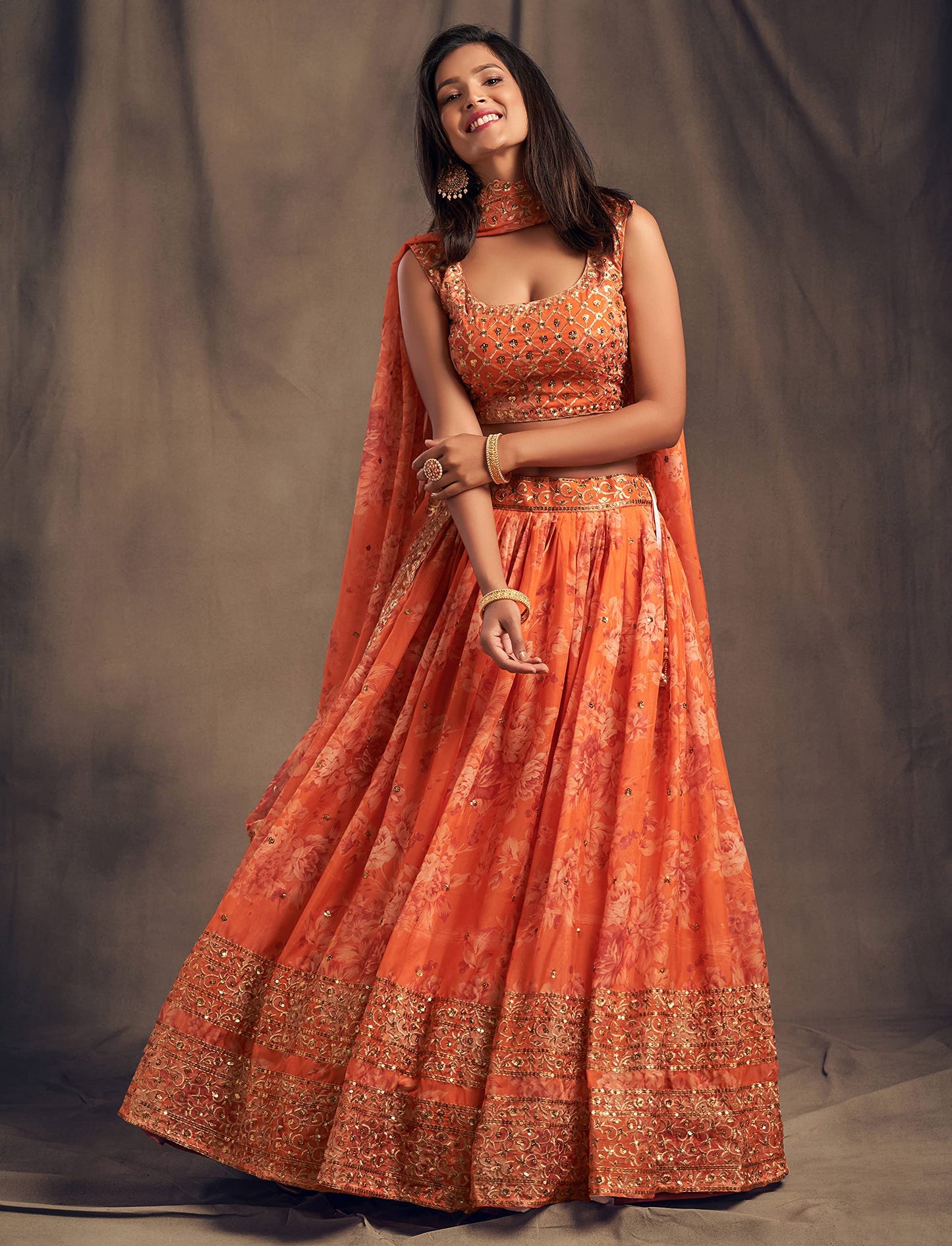 Zeel Clothing Women's Organza Floral White Semi-Stitched Lehenga Choli (7612-Orange-Wedding-Floral-Lehenga-New, Orange)