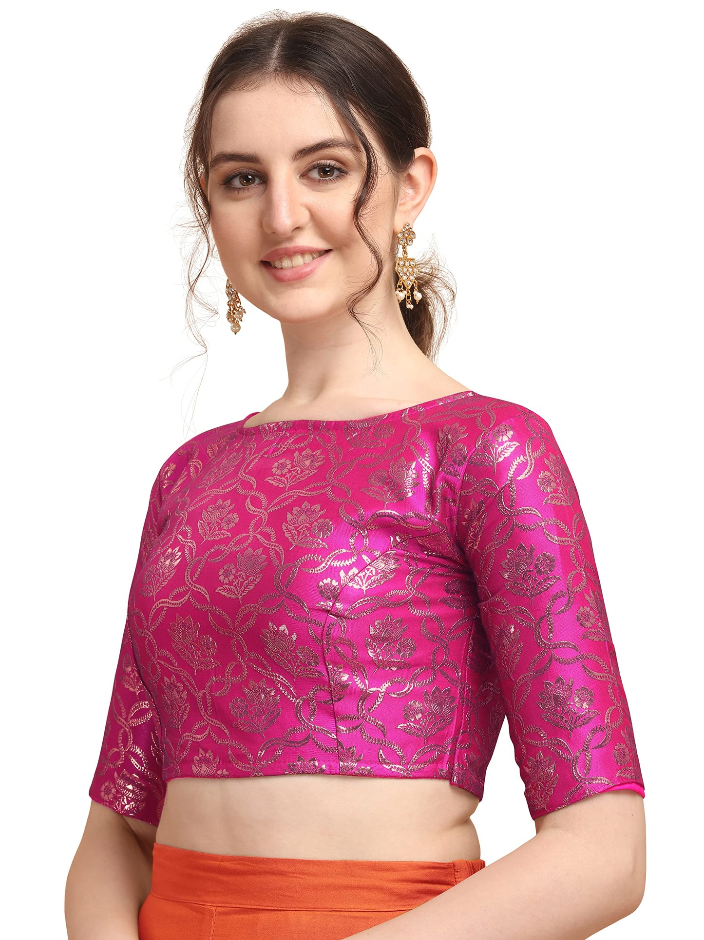 OOMPH! Women's Indian Ethnic Wear Designer Twist Leaf Pattern Zari Work Boat Neck Half Sleeve Pink Color Jacquard Readymade Blouse for Saree or Lehnga and Fusion Twist. XXL