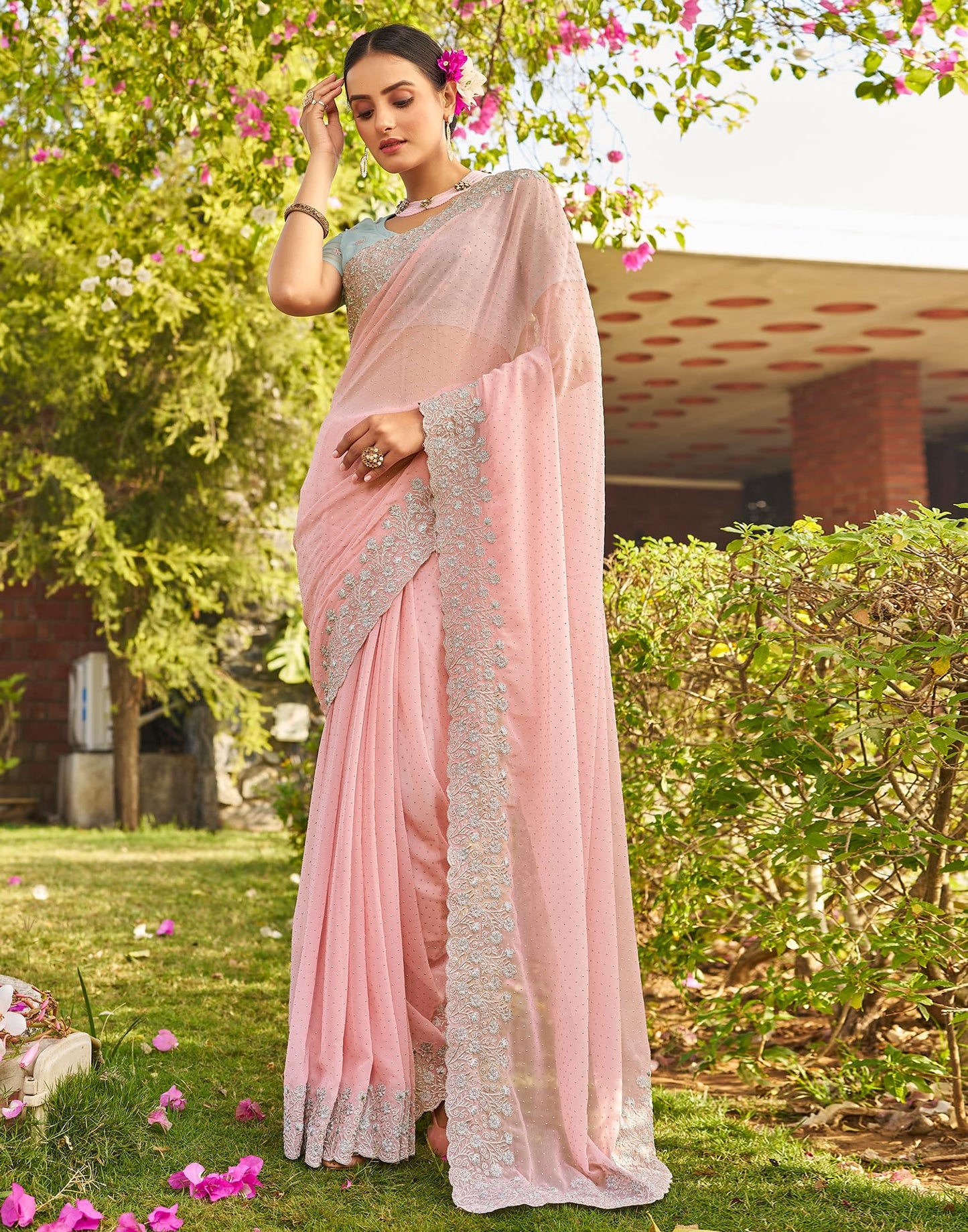 SIRIL Women's Georgette Embroidery Zari Work Saree With Unstitched Blouse Piece (3647S349_Baby Pink)
