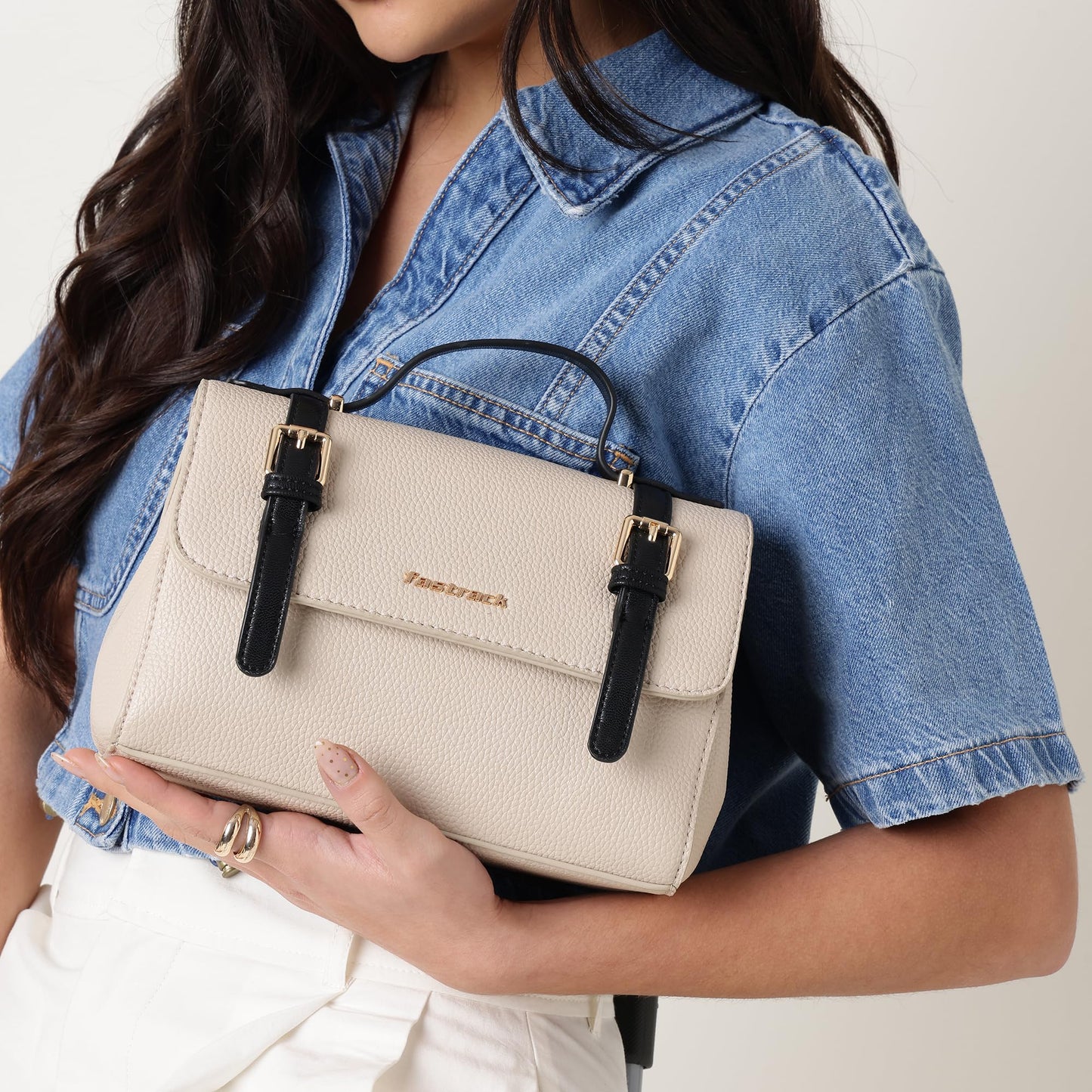 Fastrack Monochrome Muse Satchel | Faux-Leather Women’s Handbag in White & Black | Buckle-Flap Design with Dual Carry Options & Multi-Compartment Interior