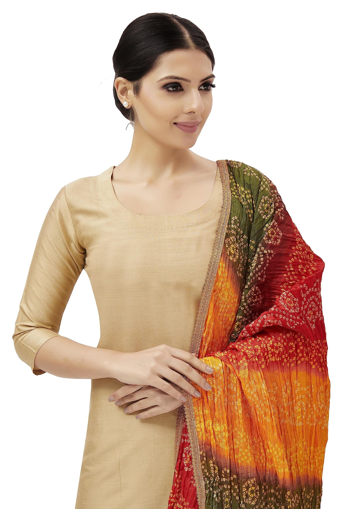 Studio Shringaar Women's Vegan Silk Multi Coloured Bandhni Dupatta (42" X 2.5 Meters, Mehendi)