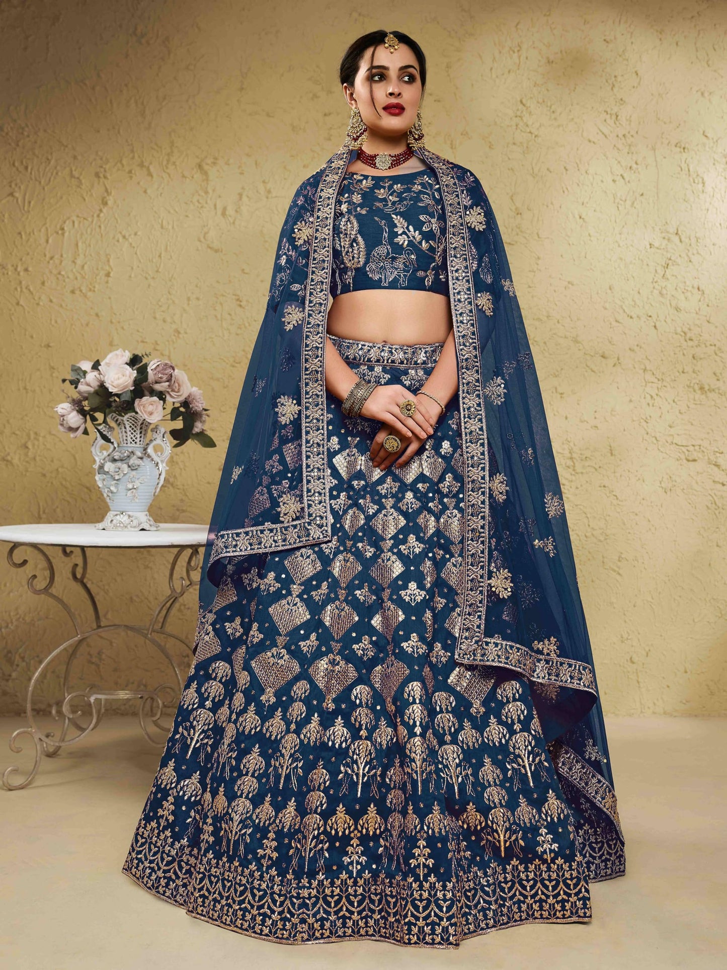 Zeel Clothing Women's Silk Semi-stitched Thread Sequins Embroidery Bridal New Lehenga Choli with Dupatta (7055-Blue-Wedding-Bridal-Stylish-Latest; Free Size)