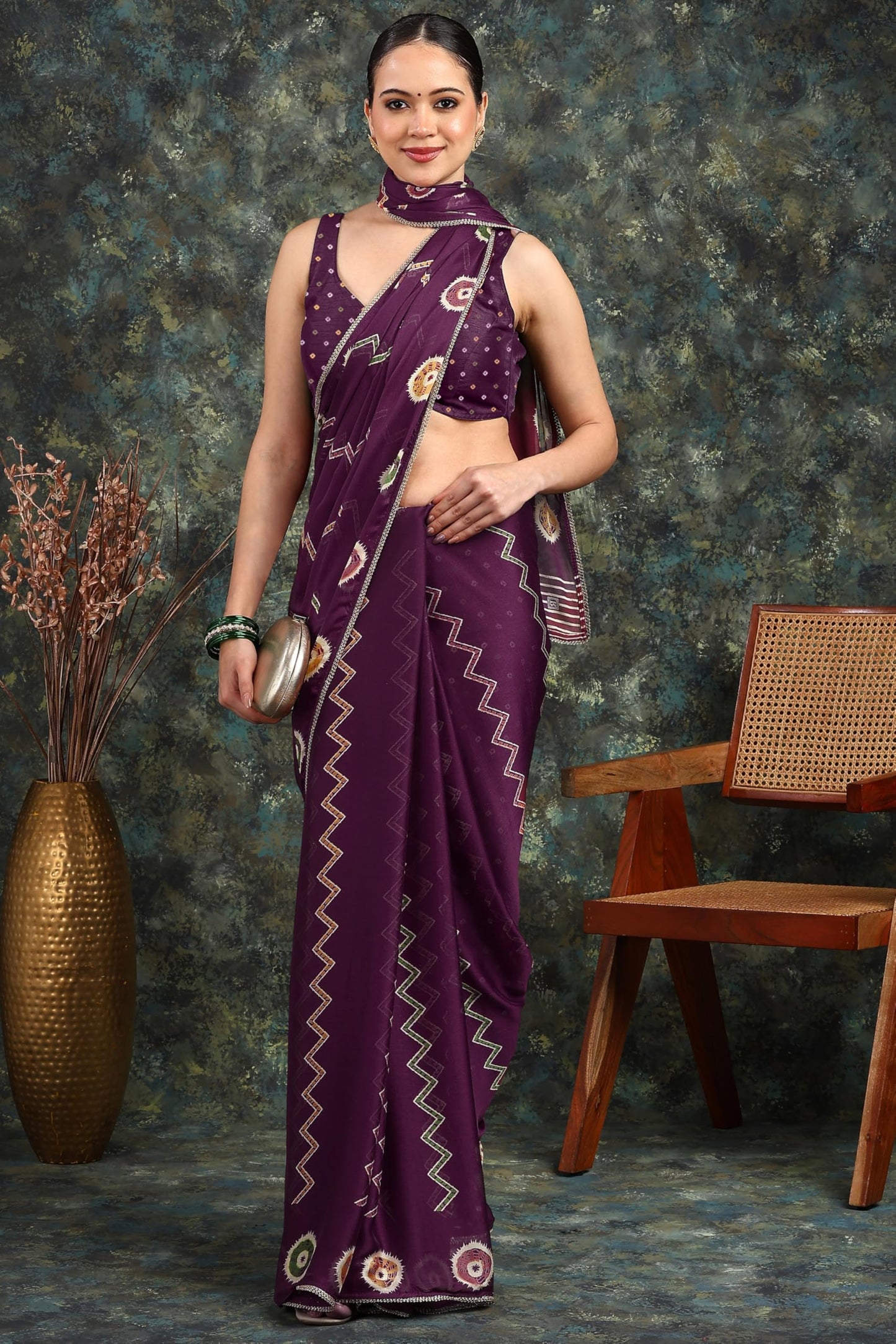 MIRCHI FASHION Women's Chiffon Chevron Block Printed Saree with Blouse Piece (50724 - Dark Magenta, Multicolor)