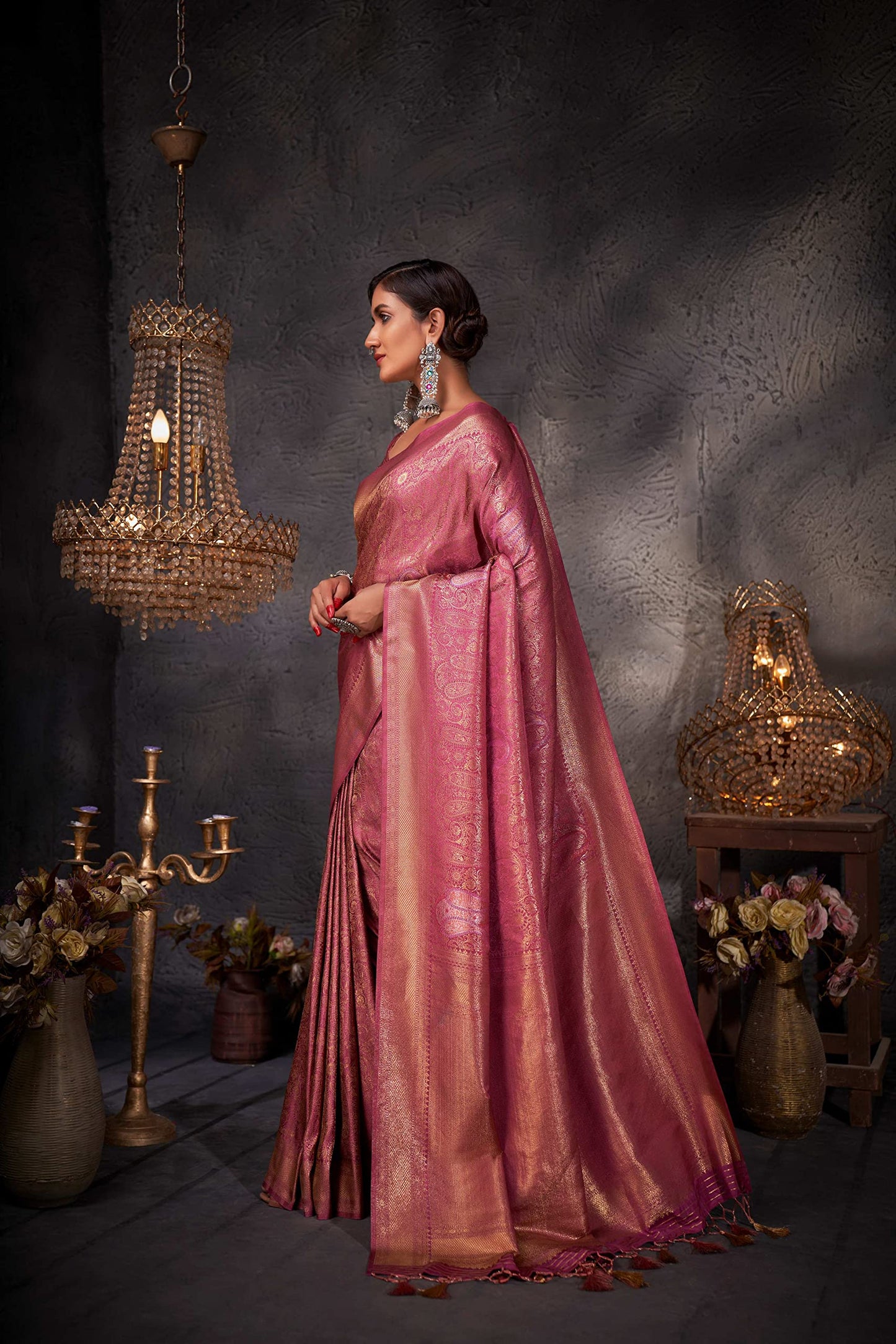 Vardha Women's Kanchipuram Art Silk Saree with Unstitched Blouse Piece - Gold Copper Silver Zari Woven Work Sarees for Wedding (Ayana Silk_538)