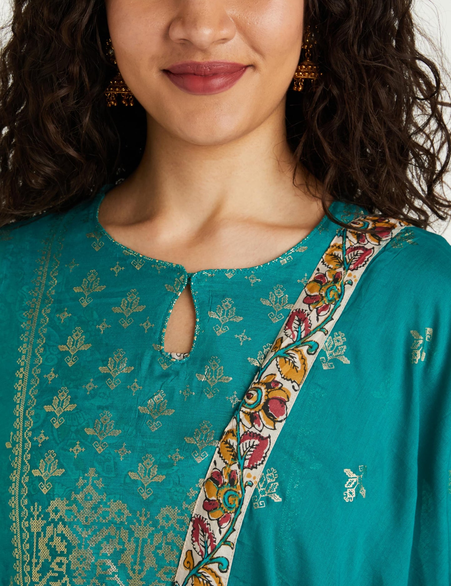 BIBA Women Polyester Blend Printed Layered Salwar Kurta Dupatta(Skdassorted7567E_Turquoise_38)