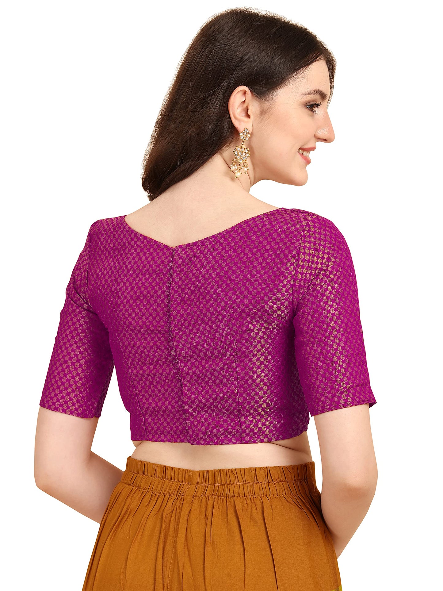 OOMPH! Women's Indian Ethnic Wear Designer Dot Pattern Zari Work Boat Neck Half Sleeve Pink Color Jacquard Readymade Blouse for Saree or Lehnga and Fusion Twist. S