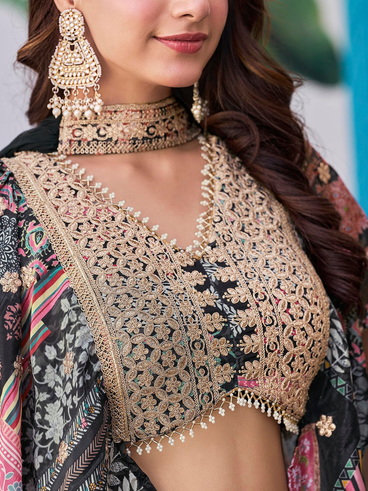 Zeel Clothing Women's Digital Print with Zari Dori Embroidery Work Chinnon Silk Lehenga Choli With Dupatta (7050-Black-Women-Lehenga-Choli-Latest; Free size) (Black)