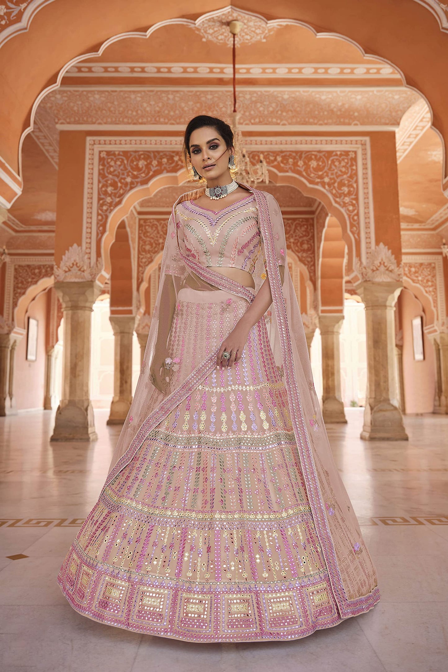 FUSIONIC Peach Color Organza Material Gota And Thread Work Lehenga For Women