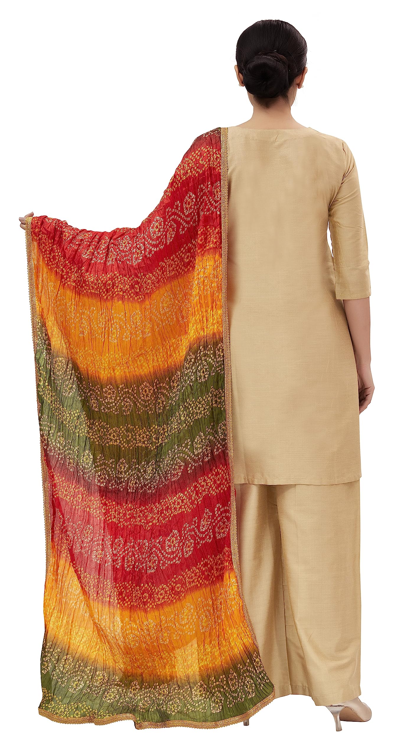Studio Shringaar Women's Vegan Silk Multi Coloured Bandhni Dupatta (42" X 2.5 Meters, Mehendi)