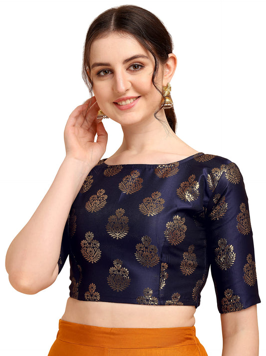 OOMPH! Women's Indian Ethnic Wear Designer Floral Pattern Zari Work Boat Neck Half Sleeve Readymade Non - Padded Blouse for Saree and Lehnga and Palazzos or Skirts for a Fusion Twist.