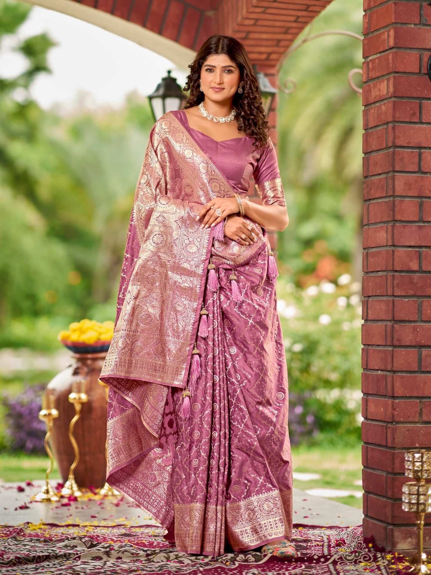 MANOHARI Women's Most Trendy Banarasi Satin Silk Woven Rose Pink Saree With Heavy Jacquard Work Saree With Blouse Piece_MN2030